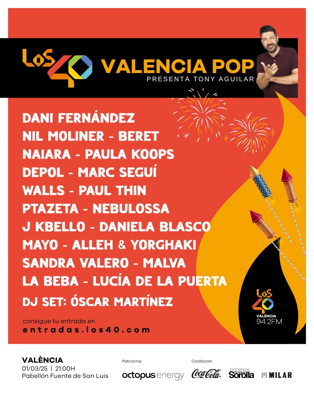 Cartel de LOS40 Valencia Pop 2025 con artistas como Beret, Dani Fernández y Naiara