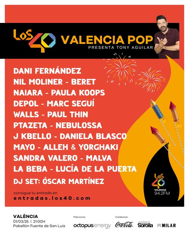 Cartel de LOS40 Valencia Pop 2025 con artistas como Beret, Dani Fernández y Naiara