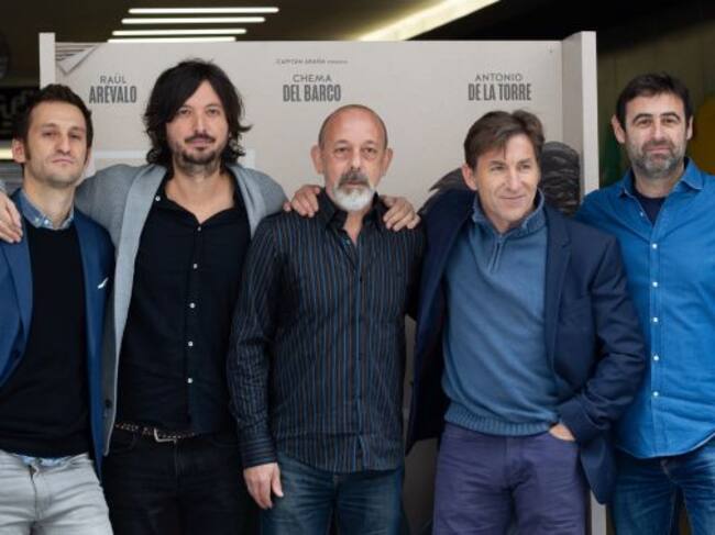 (De izq a der) Raul Arevalo, Polo Menarguez, Chema del Barco y Antonio de la Torre durante la presentación de la película 'El Plan' en Madrid, el 18 de febrero de 2020