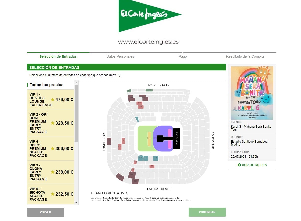 Web de El Corte Inglés  para comprar entradas para ver a Karol G en Madrid.