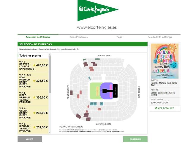 Web de El Corte Inglés para comprar entradas para ver a Karol G en Madrid.