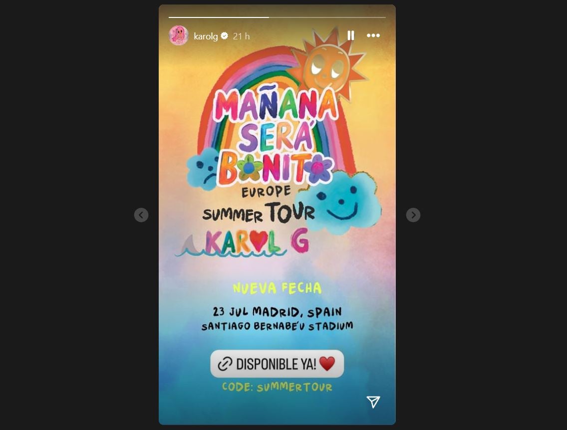 Storie de Karol G para comprar las entradas de su concierto en Madrid (Instagram)