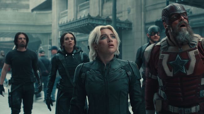 Sebastian Stan como Bucky Barnes/Soldado de Invierno, Hannah John-Kamen como Fantasma, Florence Pugh como Yelena Belova, Wyatt Russell como John Walker, y David Harbour como Alexei Shostakov/Guardián Rojo en 'THUNDERBOLTS*'. / © 2024 MARVEL.