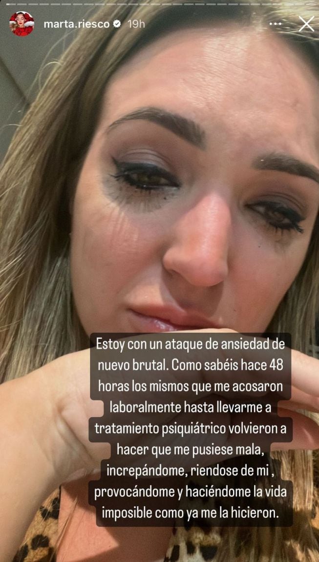 Marta Riesco explicando su malestar desde su perfil de Instagram.