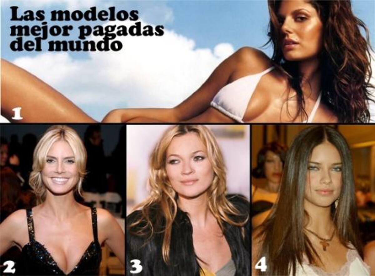1. La reina indiscutible de las pasarelas, Gisele Bündchen, vuelve a liderar la lista con la escalofriante cifra de 45 millones de dólares.2.- Heidi Klum: 20 millones de dólares. Pese a haber abandonado a los ángeles de Victoria's Secret, la modelo colabora con diferentes marcas.
3.- La polémica Kate Moss. Imagen de Dior, Longchamp, Burberry y Mango ingresa 13,5 millones de dólares. 
4.- La guapísima Adriana Lima, en 4ºlugar, tiene un sueldazo de 8 millones de dólares.