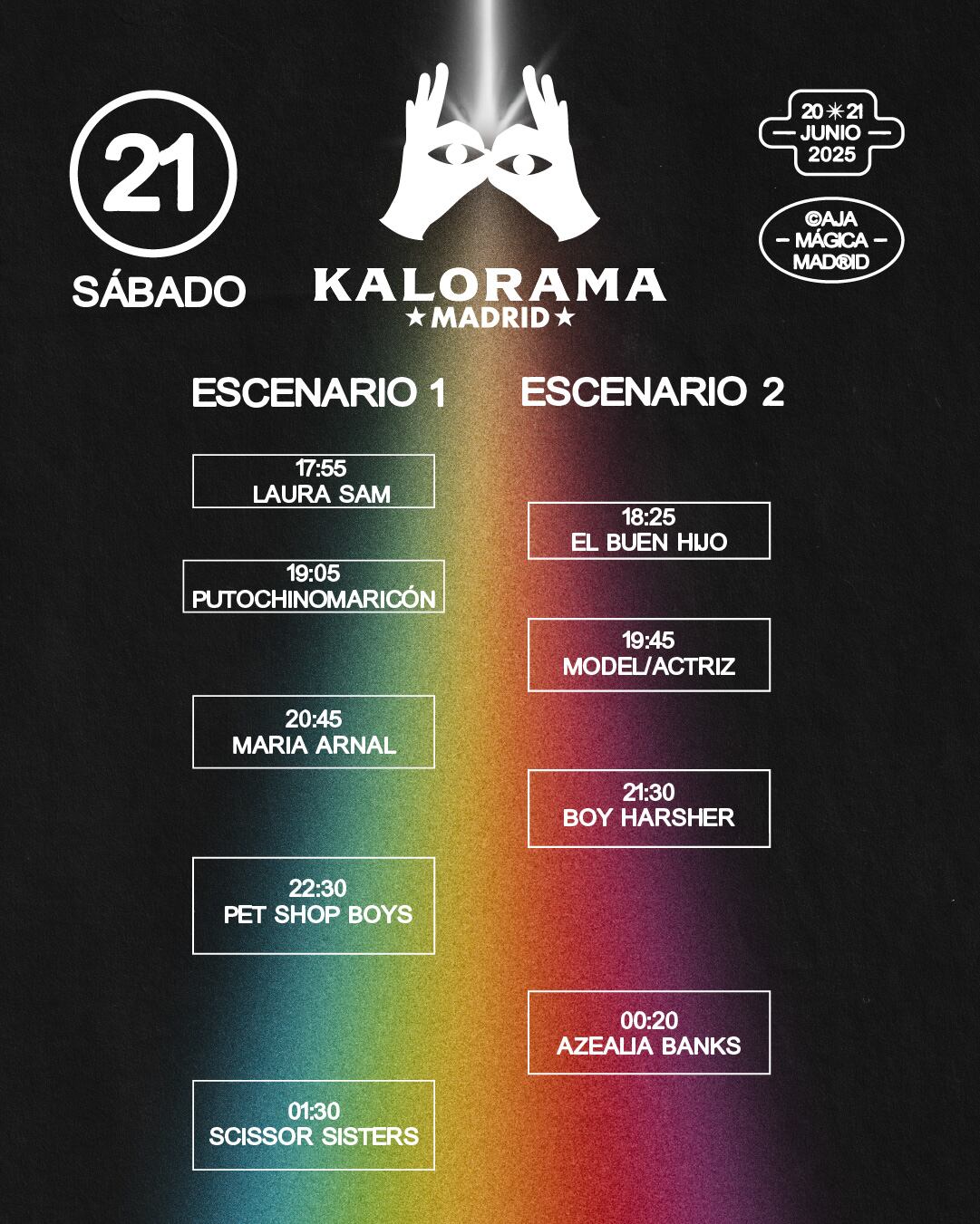 Los horarios del sábado 21 de junio para Kalorama Madrid.