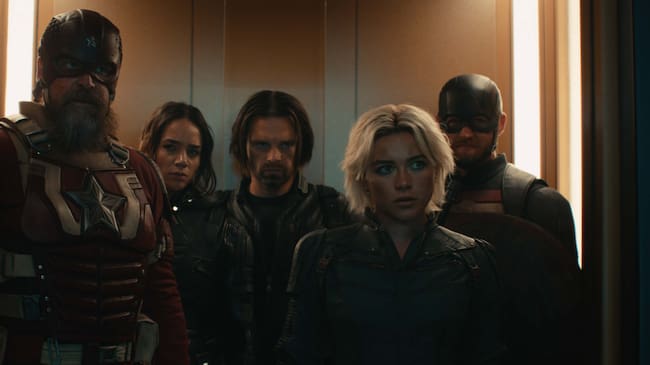 Alexei Shostakov/El Guardián Rojo (David Harbour), Fantasma (Hannah John-Kamen), Bucky Barnes/El Soldado de Invierno (Sebastian Stan), Yelena Belova (Florence Pugh), y John Walker (Wyatt Russell) en 'THUNDERBOLTS*'. / © 2024 MARVEL