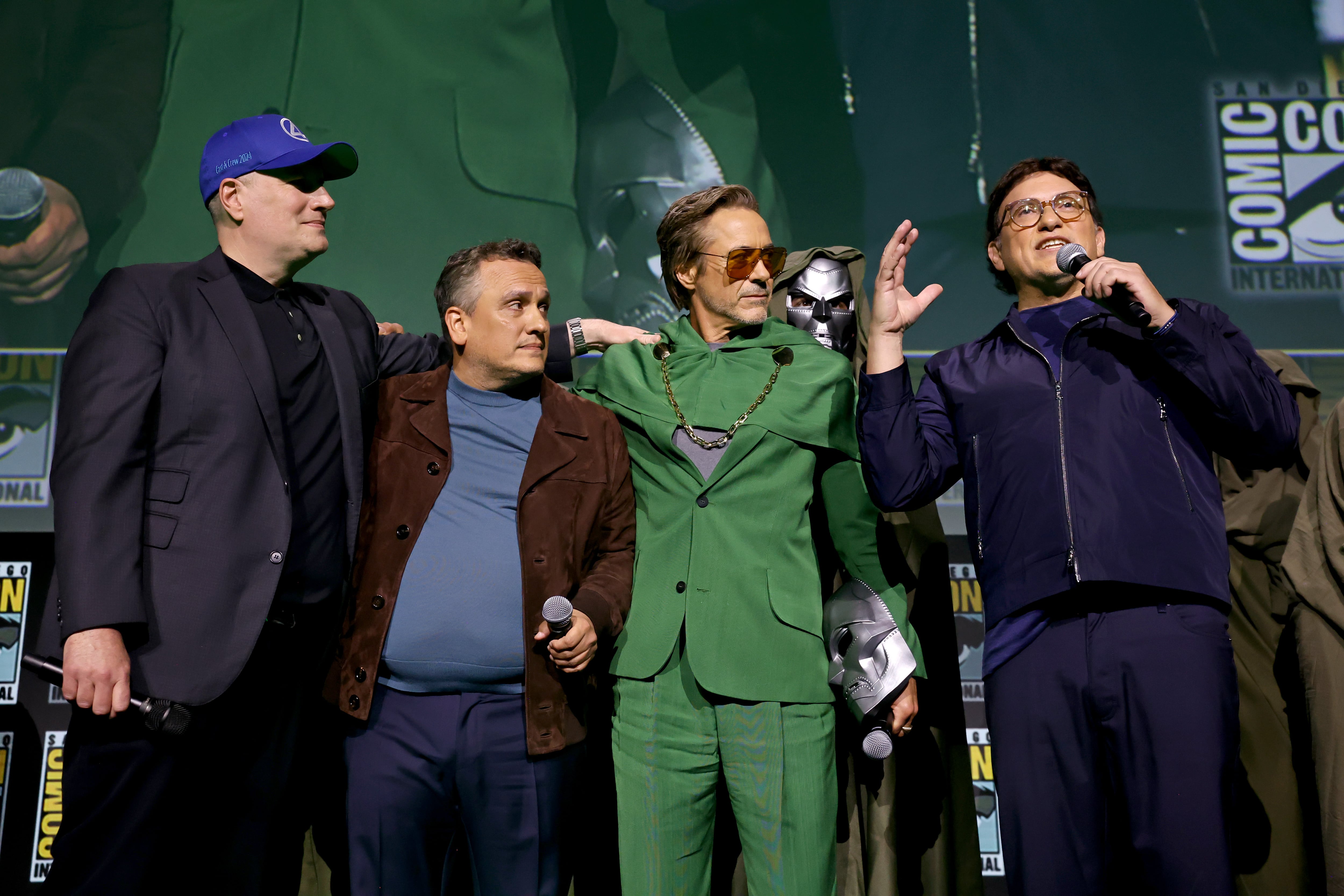 Kevin Feige, Joe Russo, Robert Downey Jr. y Anthony Russo en el panel de Marvel Studios en la Comic Con de San Diego 2024. / Jesse Grant/Getty Images.