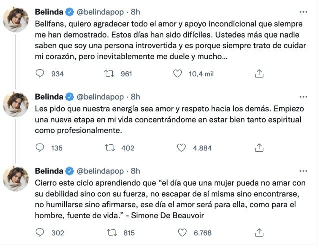 Belinda manda mensaje tras ruptura con Christian Nodal