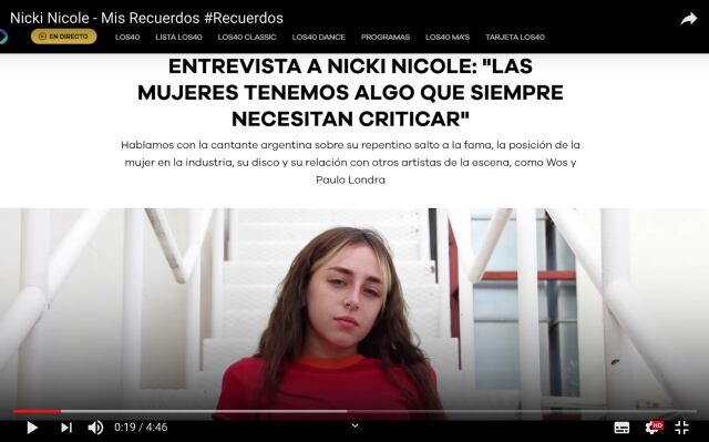 Captura de la entrevista de Nicki Nicole en LOS40, incluida en su mini documental 'Mis Recuerdos'