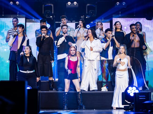 Cris, Juanjo Bona, Álvaro Mayo, Naiara, Lucas, Chiara, Violeta Hódar, Suzete, Martin Urrutia, Paul Thin, Salma, Alex Marquez, Omar, Bea, Ruslana and Danna of Operacion Triunfo 2023, aka OT 2023, en el WiZink Center on June 27, 2024 in Madrid. (Photo by Aldara Zarraoa/Redferns)