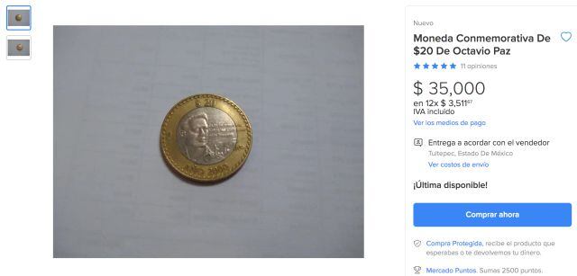 Moneda conmemorativa a Octavio Paz se vende hasta en $35,000