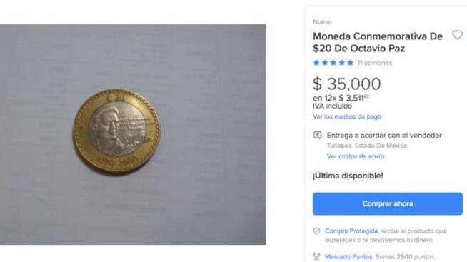 Moneda conmemorativa a Octavio Paz se vende hasta en $35,000