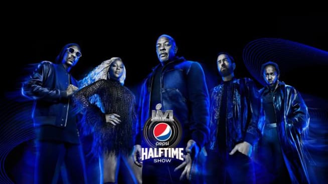 Dr. Dre, Eminem, Kendrick Lamar, Snoop Dogg y Mary J Blige en el show de medio tiempo del Super Bowl
