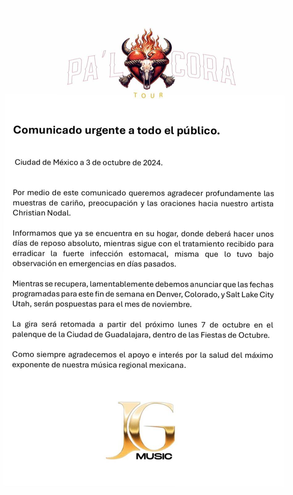 Comunicado de estado de salud de Christian Nodal