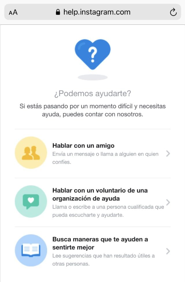 Mensaje de ayuda de Instagram frente a los trastornos alimenticios.