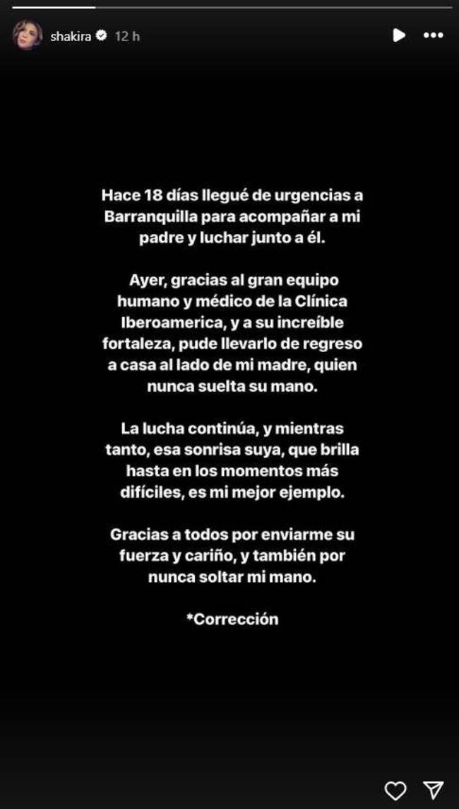 Shakira actualiza el estado de salud de su padre.