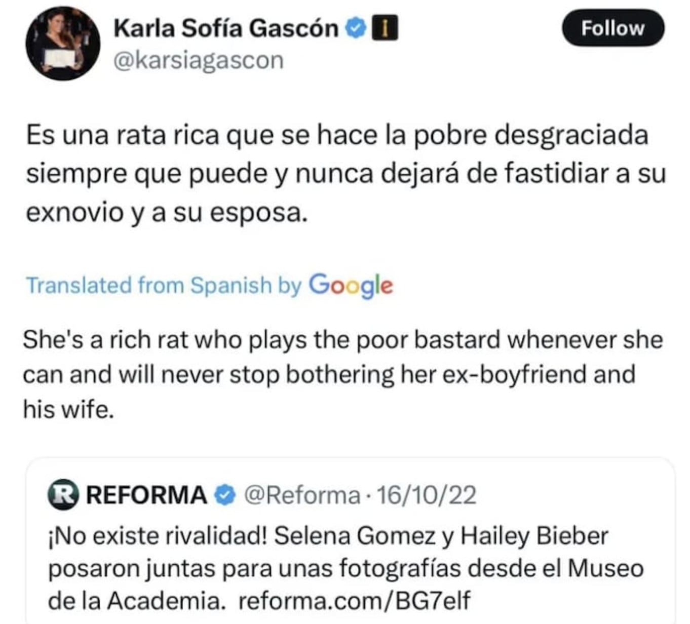 Karla Sofía Gascón habría llamado &quot;rata rica&quot; a Selena Gómez