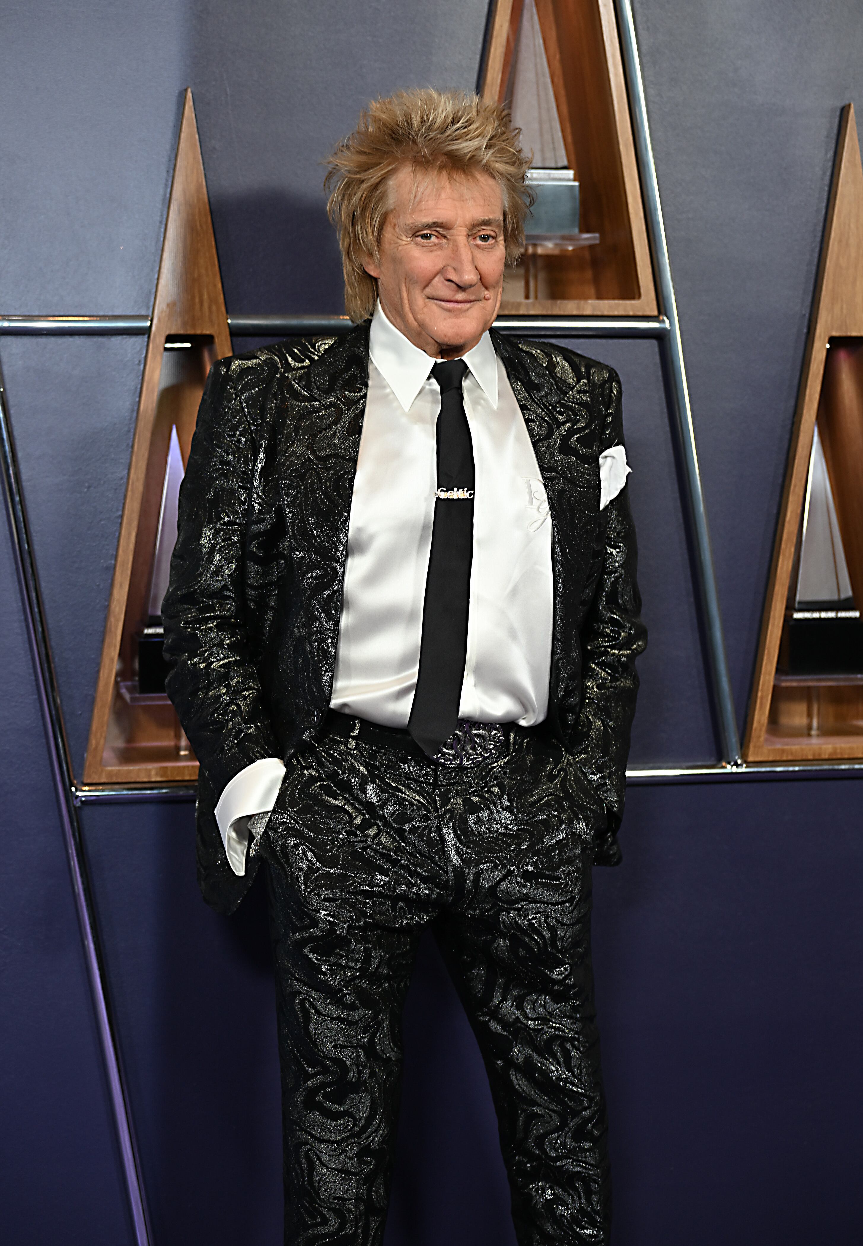 Toda una leyenda de la música que no quiso perderse la ceremonia. Sir Rod Stewart con su peinado más característico y un traje para llamar la atención.