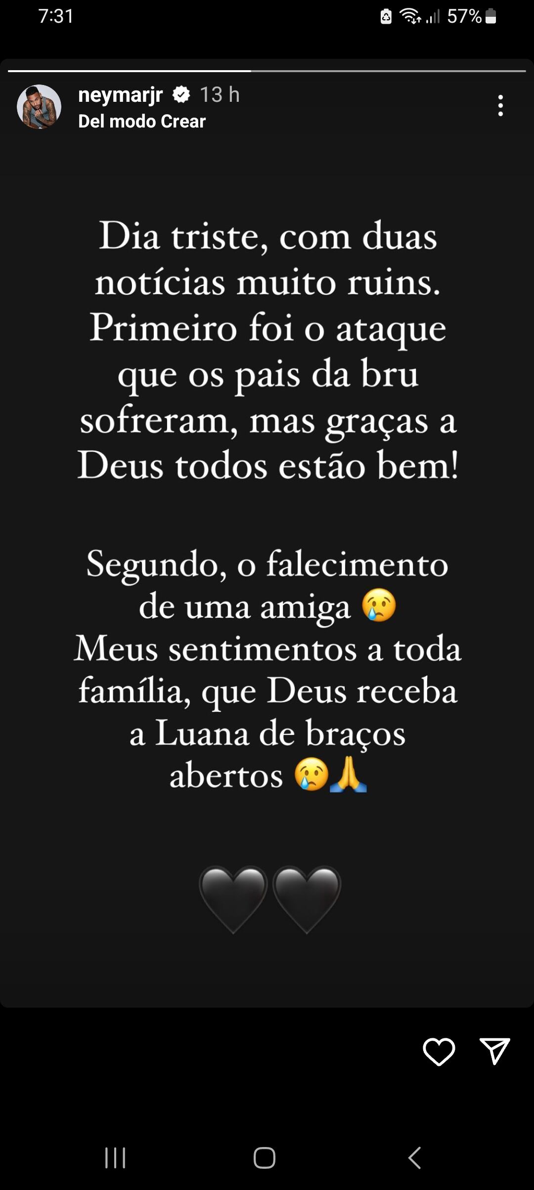 Neymar reacciona al intento de secuestro de su hija.