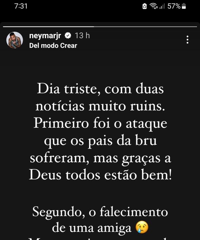 Neymar reacciona al intento de secuestro de su hija.