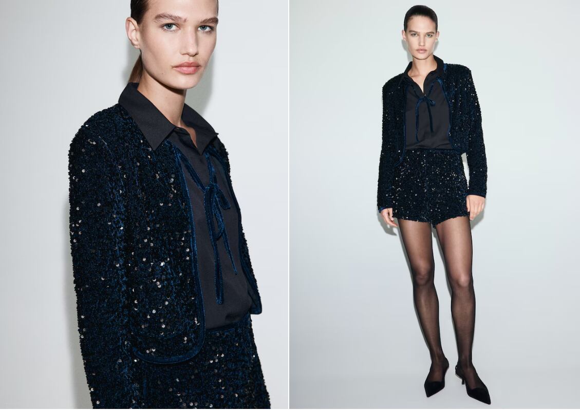 Conjunto de chaqueta y pantalón corto de lentejuelas y terciopelo de Mango