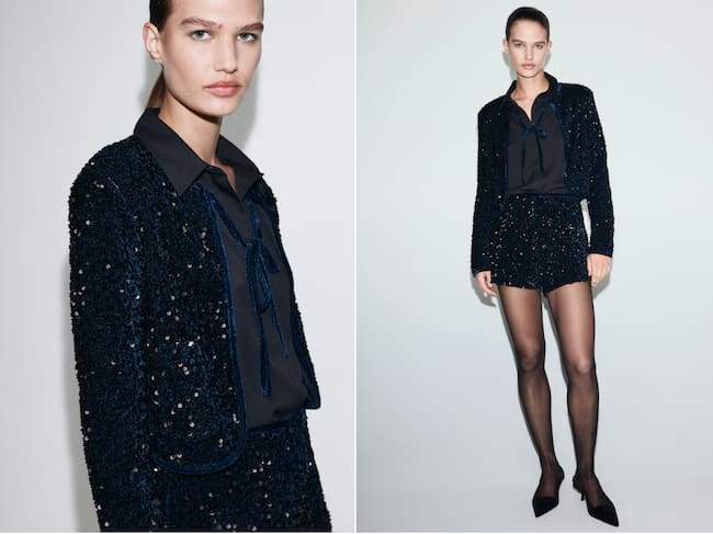 Conjunto de chaqueta y pantalón corto de lentejuelas y terciopelo de Mango