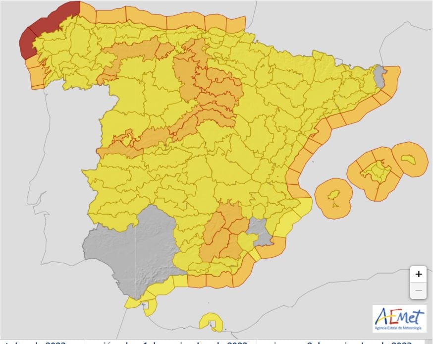 Todos los avisos que tiene activa la AEMET para el jueves 2 de noviembre.