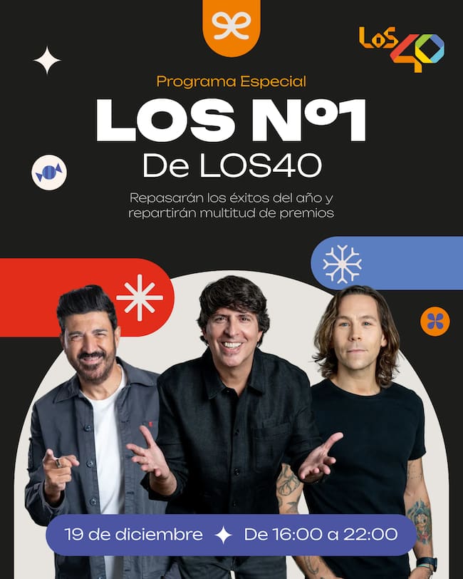 Tony Aguilar, Dani Moreno y Óscar Martínez presentan el programa especial Los Números 1 de LOS40 en 2025.