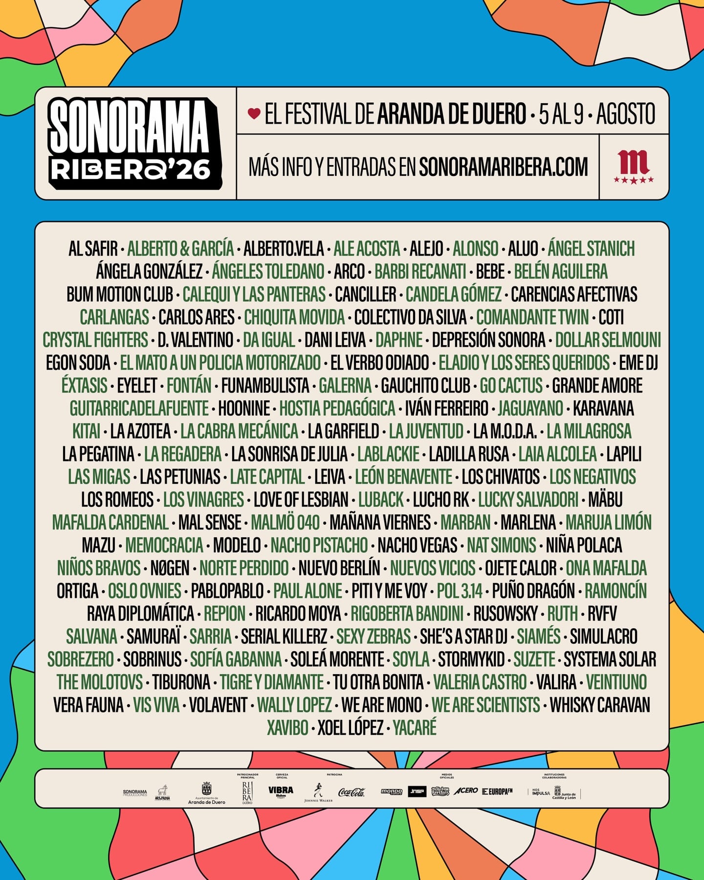 Lista completa de artistas que formarán parte del  &#039;Festival Sonorama Robera 2026&#039;.