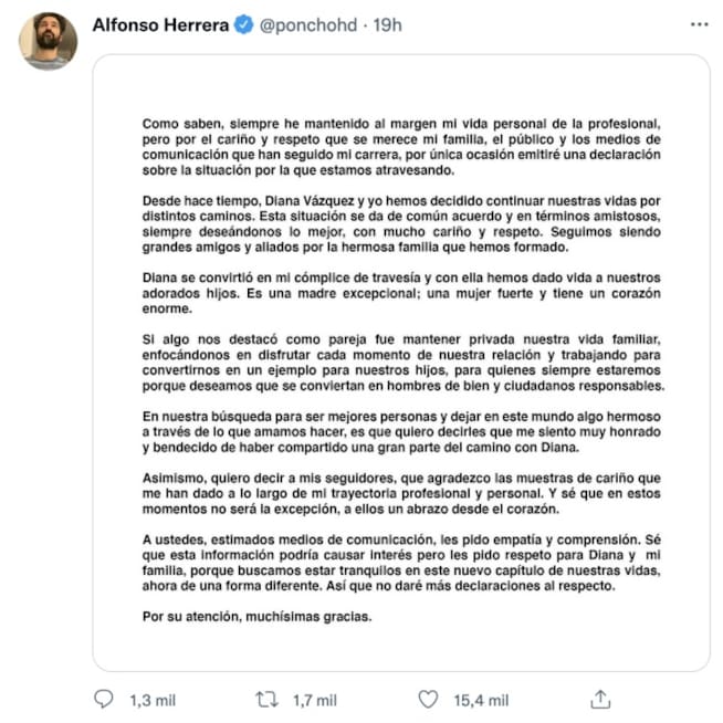 Alfonso Herrera anuncia su divorcio de Diana Vázquez