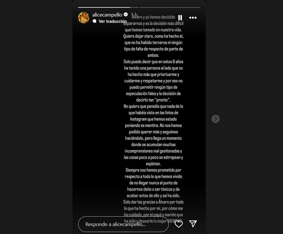 Captura de pantalla del comunicado de Alice Campello sobre su ruptura.