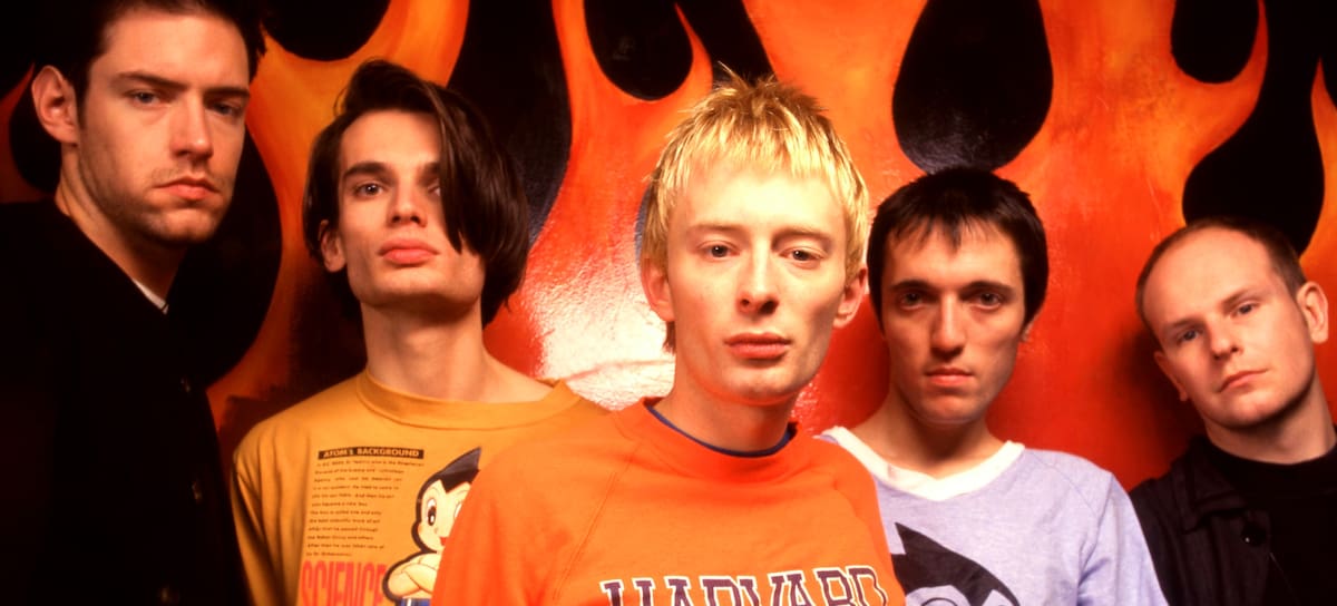 Ed O'Brien, Jonny Greenwood, Thom Yorke, Colin Greenwood y Phil Selway, de Radiohead, en Nueva York, 1993.