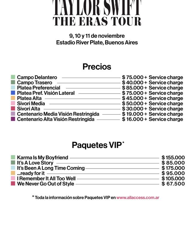 Precios en pesos argentinos para ver a Taylor Swift en Argentina (Twitter @dfallaccess</a>)