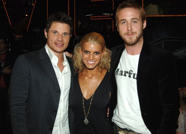 Jessica Simpson con su todavía marido, Nick Lachey y Ryan Gosling tras el estreno de &#039;El diario de Noa&#039;.