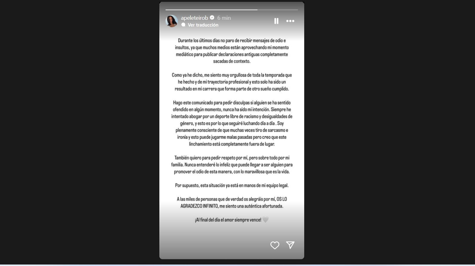 Captura de Pantalla de la historia de Instagram de Ana Peleteiro.