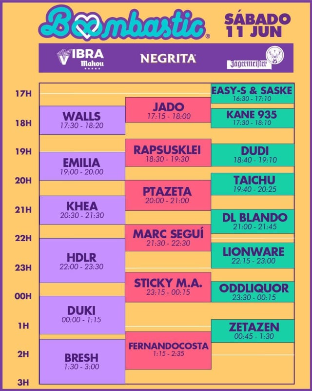 Horarios de Boombastic el sábado 11 de junio.