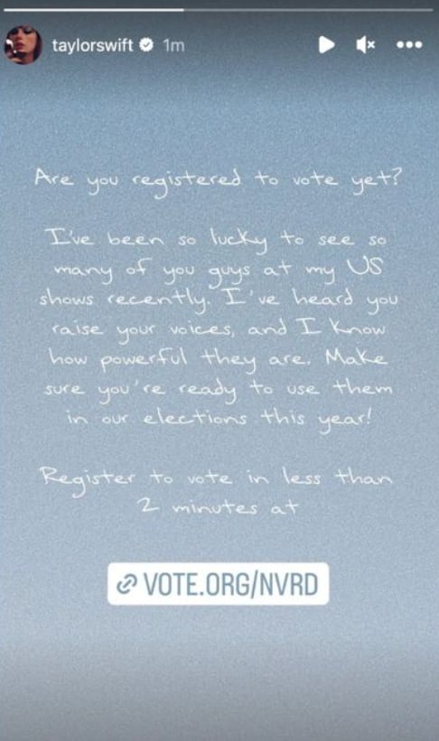 Taylor Swift animando al voto (Instagram: @taylorswift)