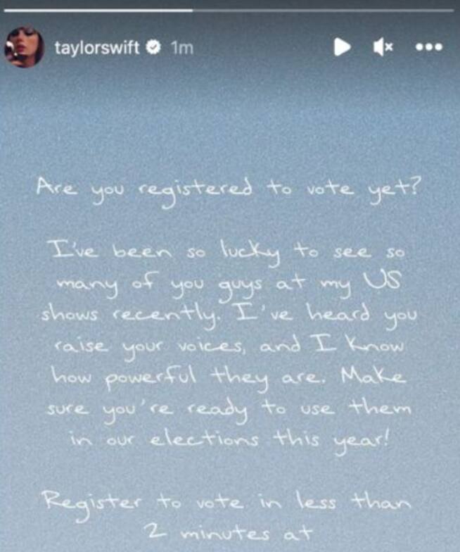 Taylor Swift animando al voto (Instagram: @taylorswift)