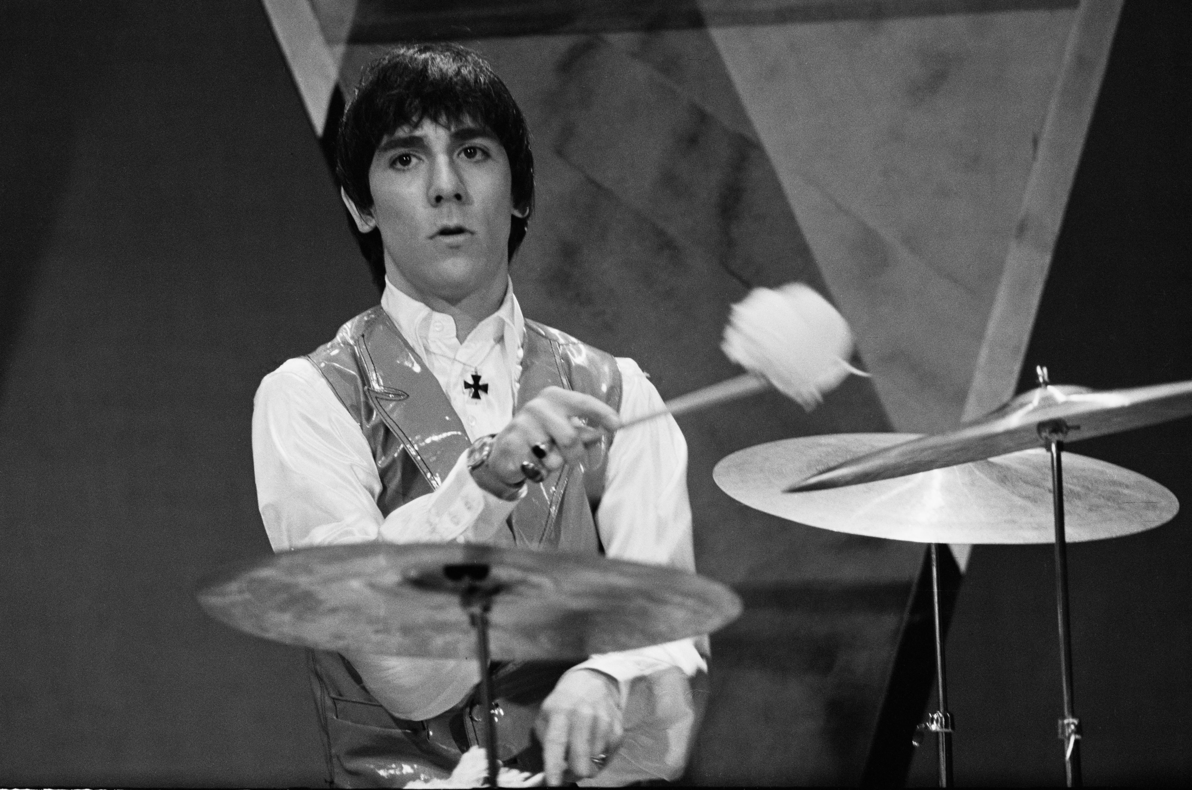 English drummer Keith Moon (1946-1978) of rock group The Who in action during a performance on the set of the BBC Television music television show &#039;A Whole Scene Going&#039; at BBC Television Centre in London on 5th January 1966. The group would perform two tracks on this first edition of the show, &#039;Out in the Street&#039; and &#039;It&#039;s Not True&#039;. (Photo by Ivan Keeman/Redferns)