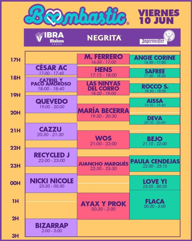 Horarios de Boombastic el viernes 10 de junio.