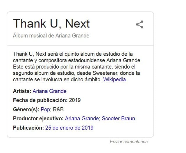 Información aportada por Google sobre Thank U, Next