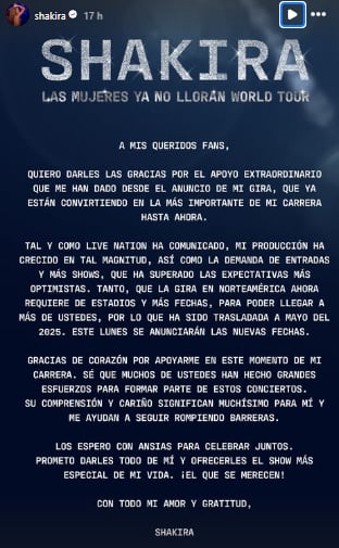 Shakira anuncia el aplazamiento de sus conciertos por Norteamérica.