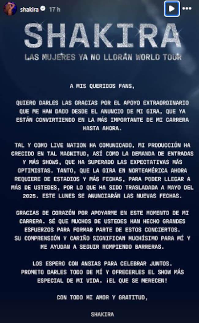 Shakira anuncia el aplazamiento de sus conciertos por Norteamérica.