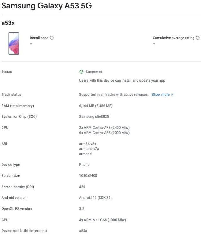 Samsung A53 avistado en Google Store