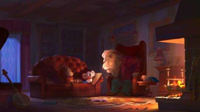 Ash, Buster y el legendario Clay Calloway en una de las escenas clave de la película, en formato concept art.