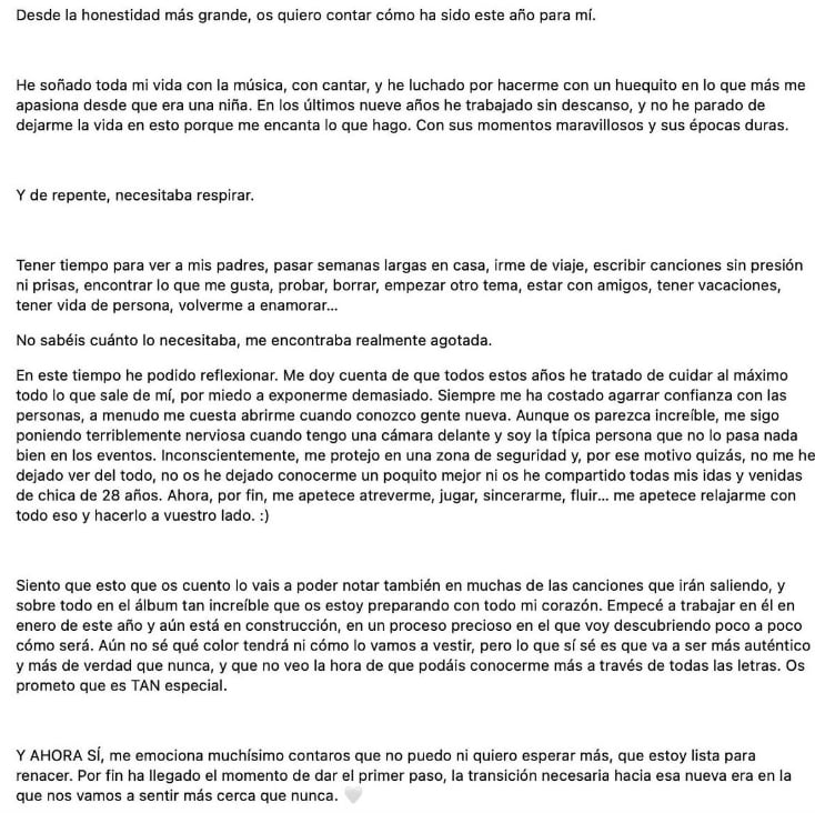 Comunicado de Ana Mena en sus redes sociales sobre su situación personal y profesional.