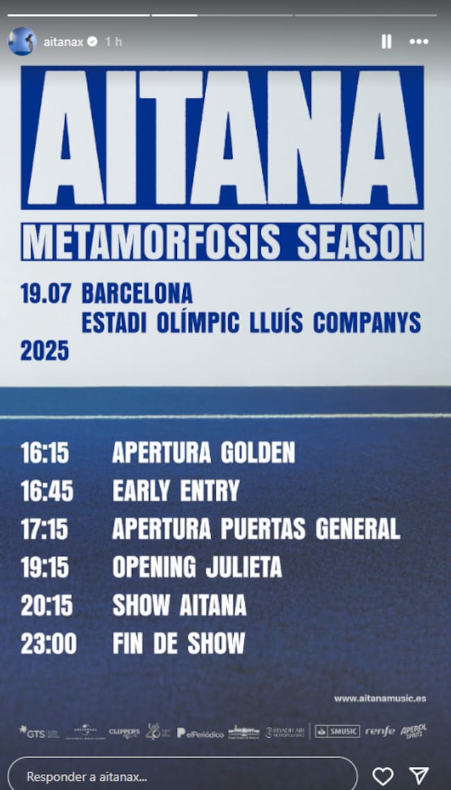 Información sobre la apertura de puertas en Barcelona para el concierto de Aitana.