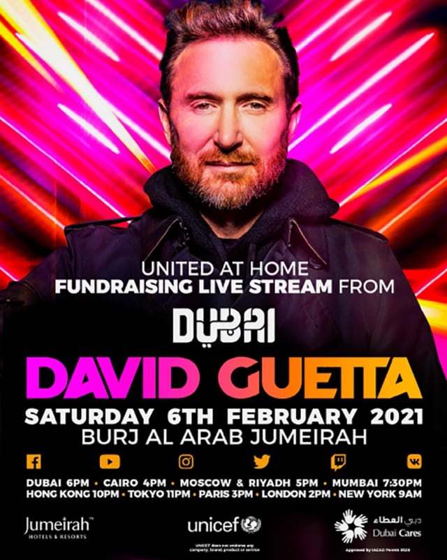 Cartel del concierto benéfico de David Guetta en Dubái