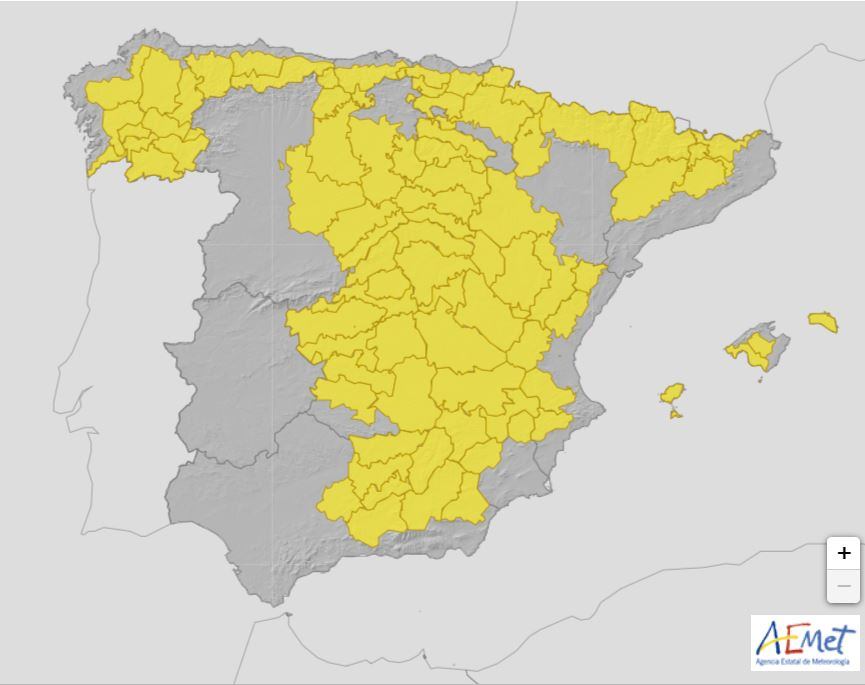 Los avisos amarillos activados por la AEMET para el 2 de junio de 2023 por lluvias y tormentas.